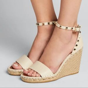 Valentino Garavani Rockstud Espadrille Wedge Sandals, Size 37, Light Ivory.